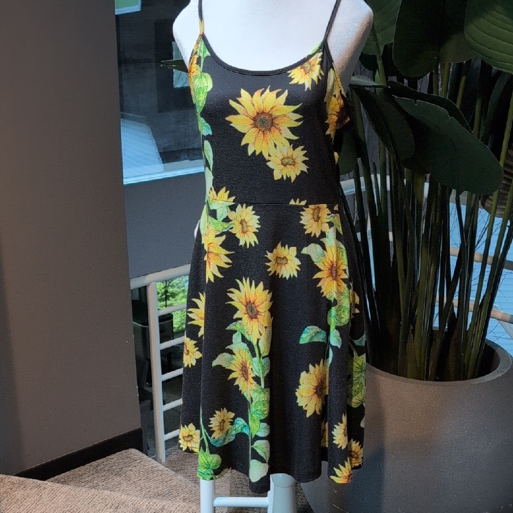 Sunflower Print Black Dress